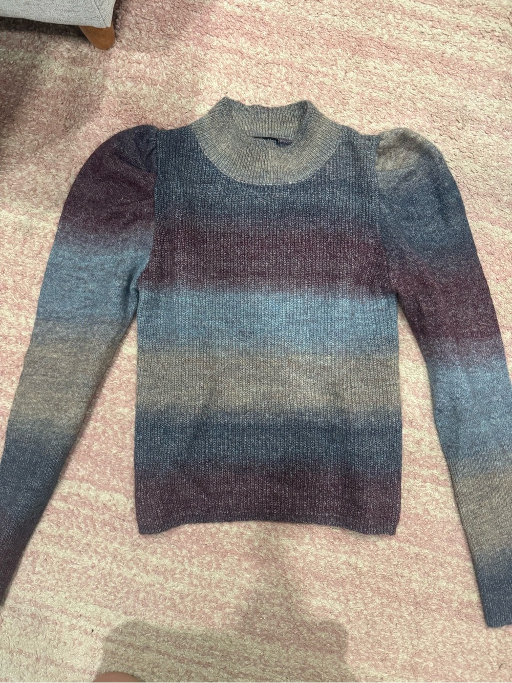 Striped Gradient Puff-Sleeve Women's Sweater - Blue Gray Burgundy